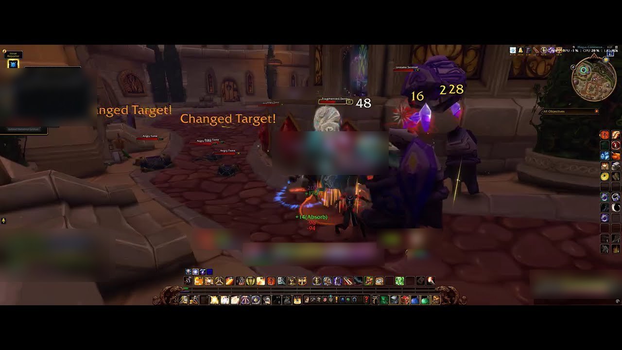 A five-player party fighting the Unstable Sentinel in a Dalaran street. The game's Issue Report popup for the Mana Elemental is open and the loot line shows Drape of Shifting Energy. Player names are blurred.